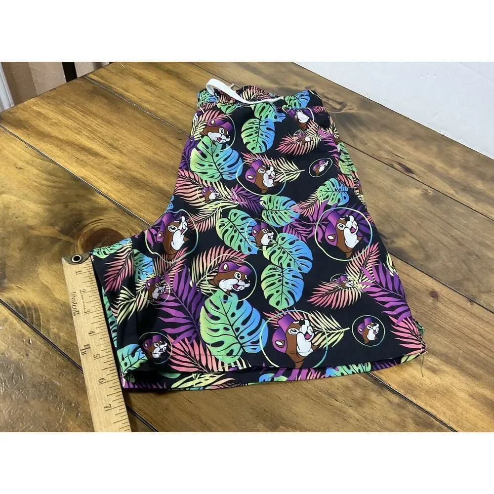 Buc-ees Swim Trunks Mens Size Medium Black Logo All Over Print Floral